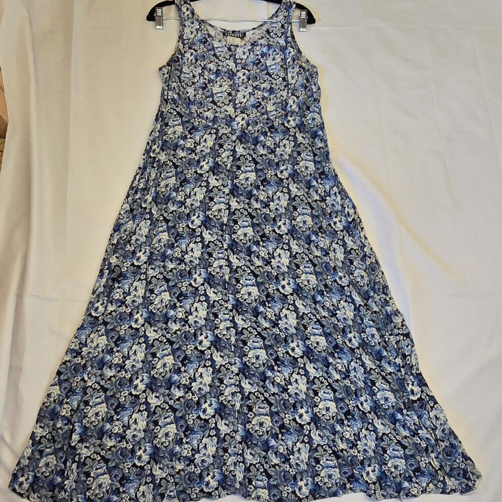 Vintage Ticket Blue Floral Dress, Size 11/12, Sleeveless, 100% Rayon